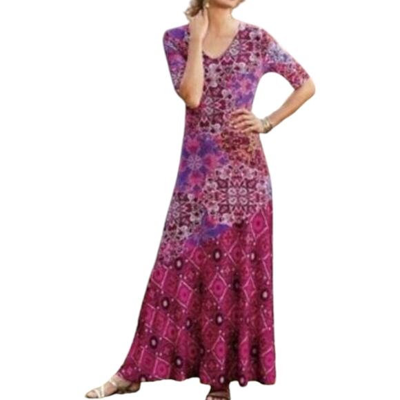 Soft Surroundings | Petite Mixed Media Half Sleeve Stretch Maxi Ankle Dress - Picture 5 of 8